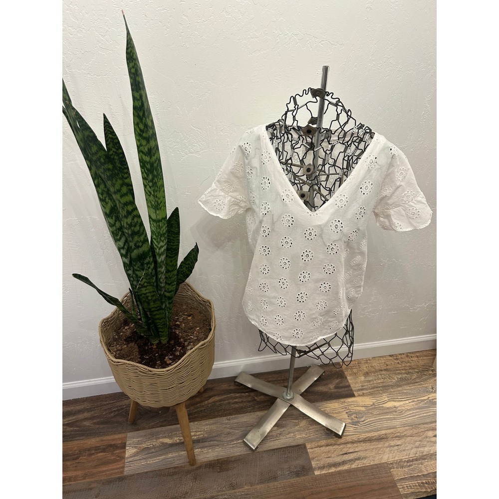 Madewell White Eyelet Lace V-Neck Ruffle Flutter Sleeve Blouse Top XS
